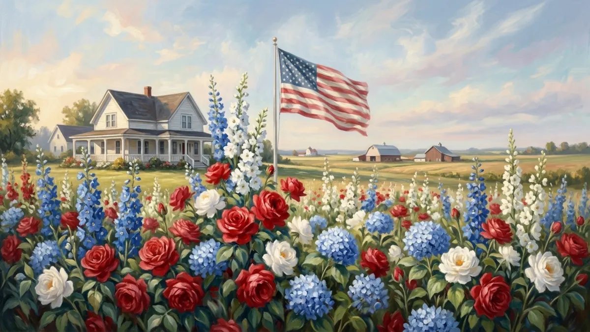 Red White and Bloom Farmhouse Frame TV sign — a painted farmhouse with an American flag and a garden of red, white, and blue flowers